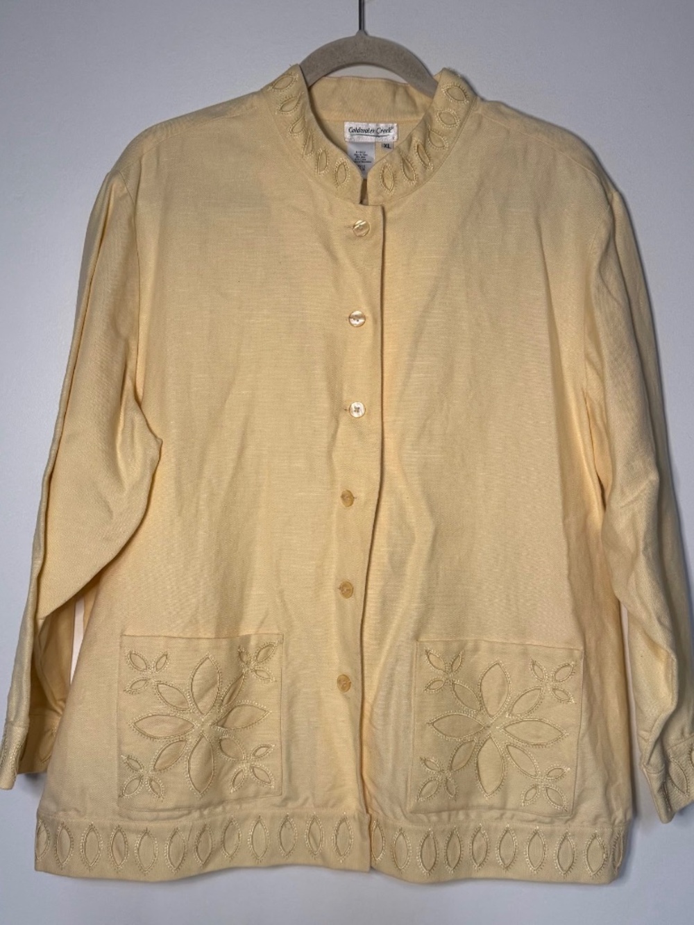 Coldwater Creek Butter Yellow Linen Blend Jacket Eyelet Cut Out Detail